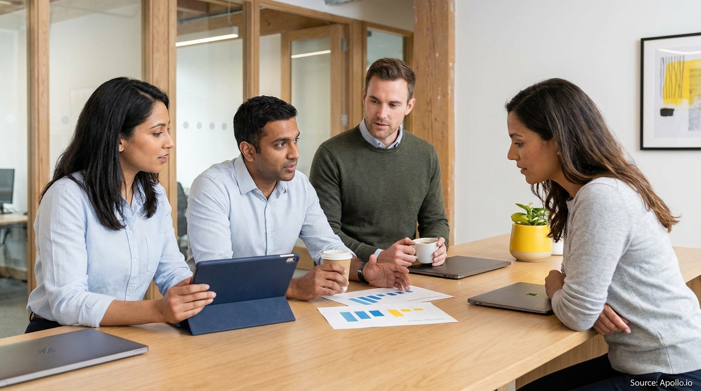 Four professionals discuss data on papers and tablets at a wooden table in a modern office.