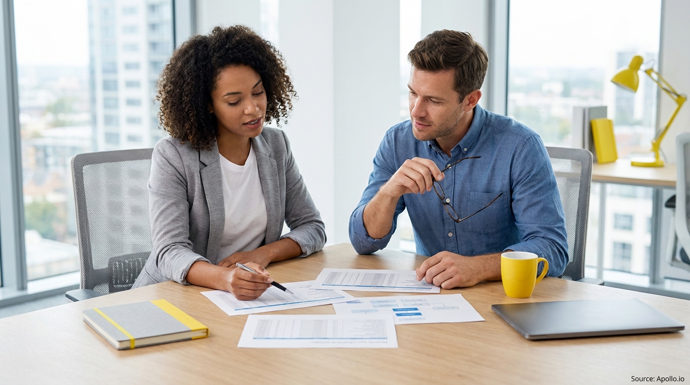 Two professionals review documents at an office desk, discussing work with city views in the background.