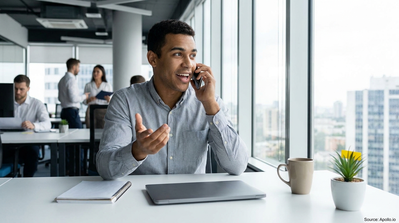 A man on a phone call works in a modern office with colleagues and a city view.