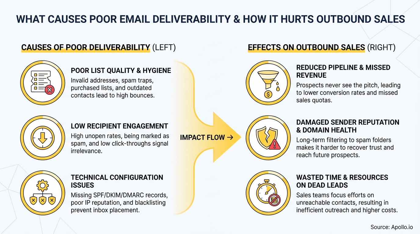 Diagram illustrating three causes of poor email deliverability impacting three effects on outbound sales.
