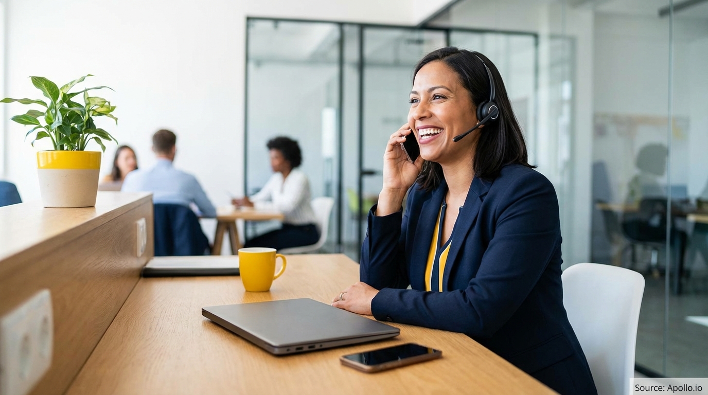 A smiling woman with a headset talks on a phone at a desk, with other people in a modern office.