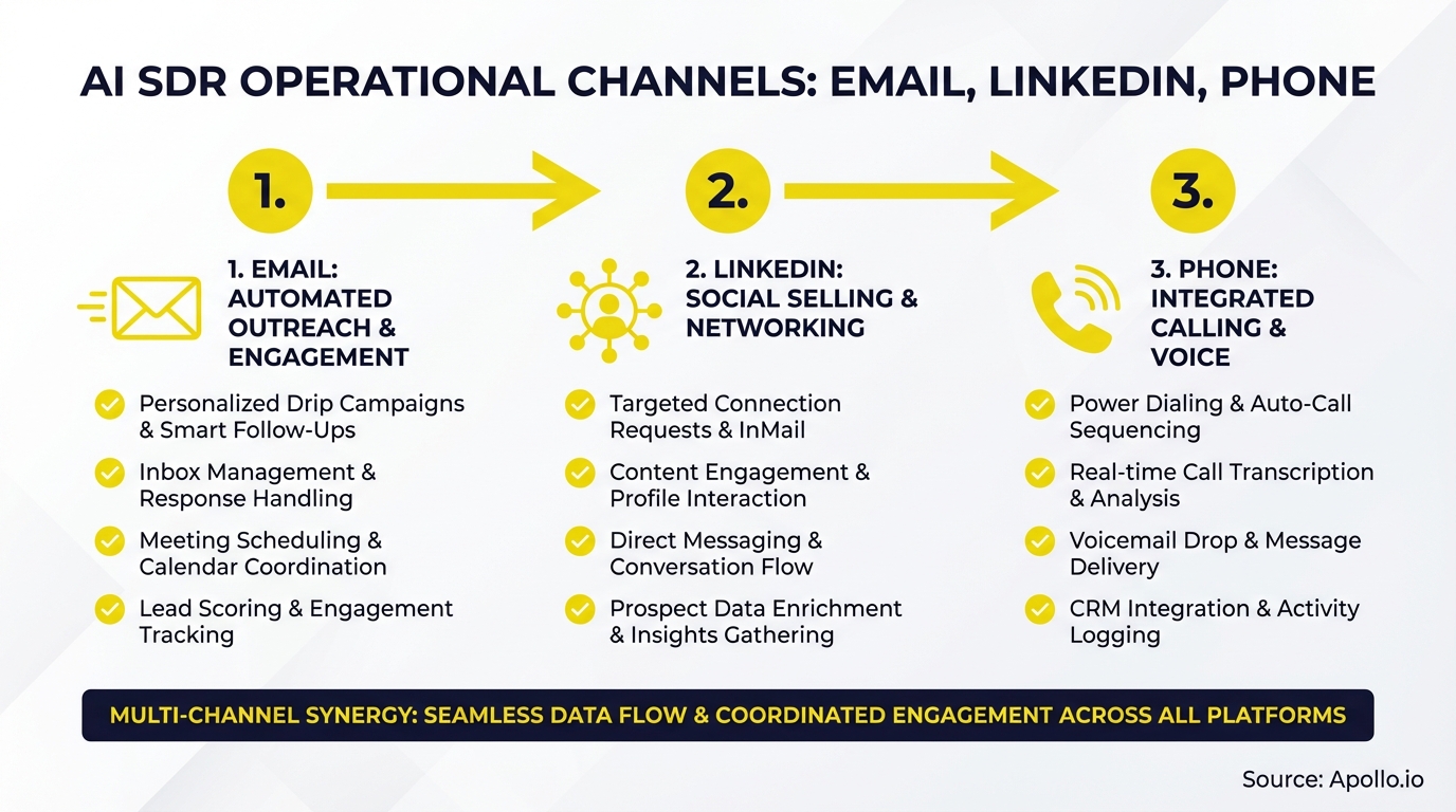 Diagram illustrates AI SDR operational channels: email, and phone, with respective feature lists.