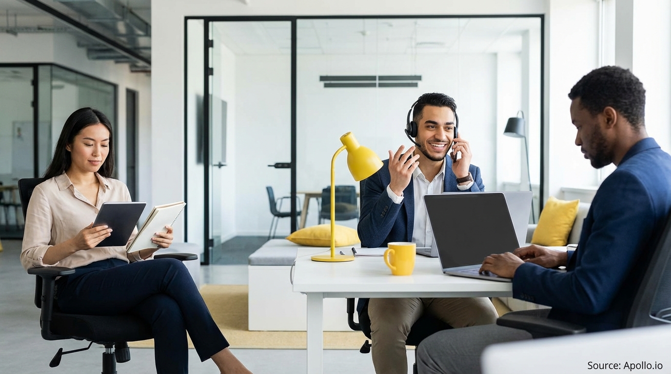 Three professionals working in a modern office using a tablet, phone, and laptops.