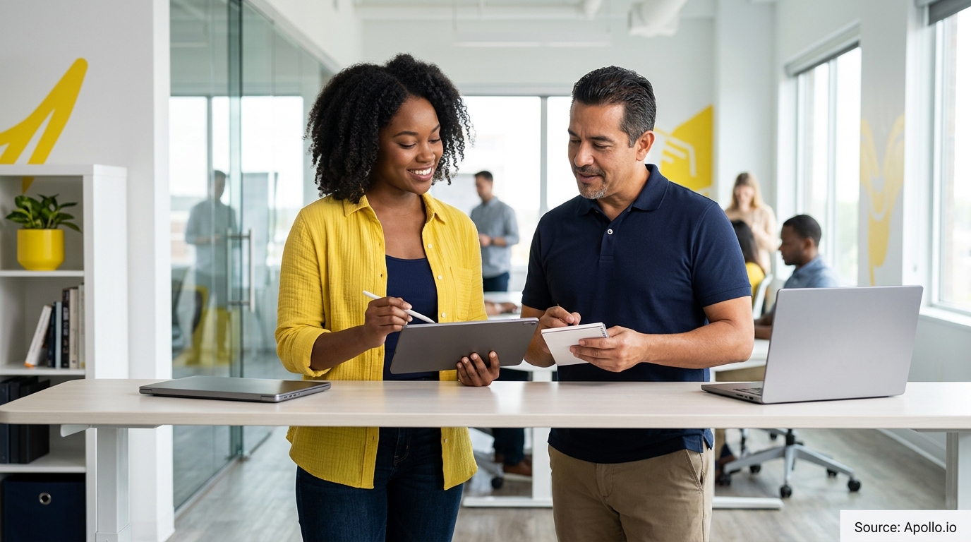Two coworkers collaborate using a digital tablet and notebook at a standing desk in a modern office.