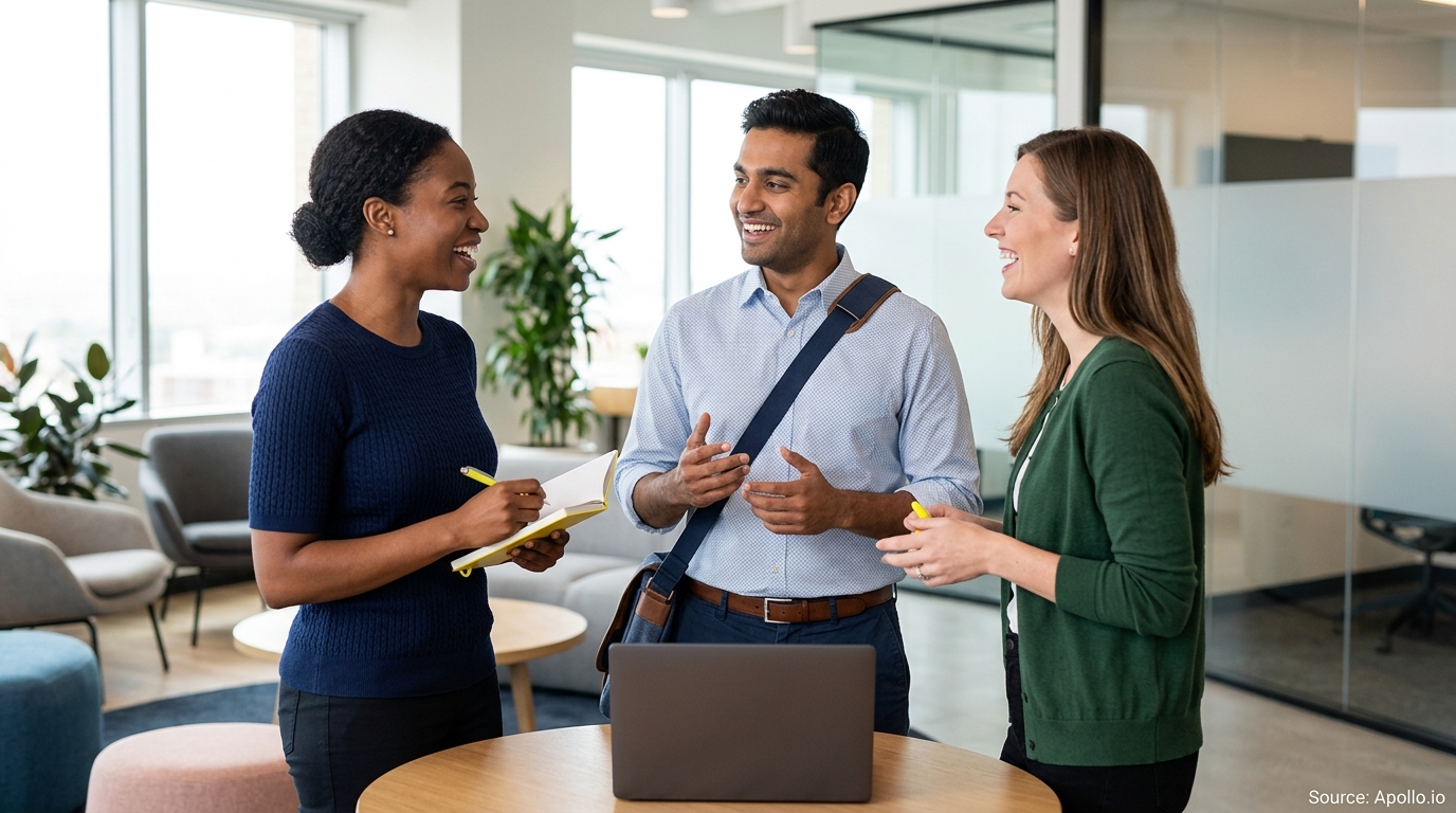 Three professionals smiling and discussing work around a table with a laptop in a modern office.