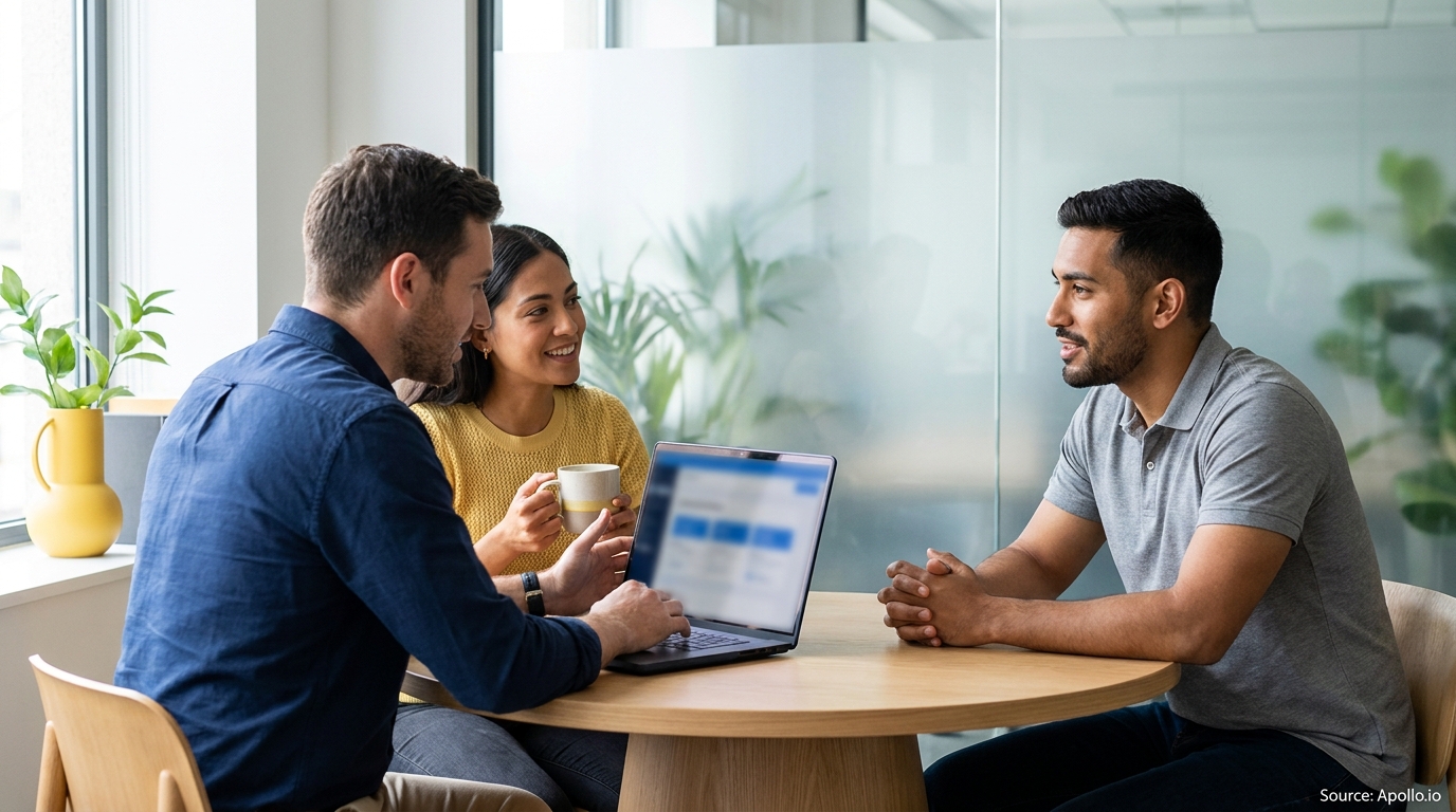 Three colleagues collaborate around a laptop at a bright, modern office table.