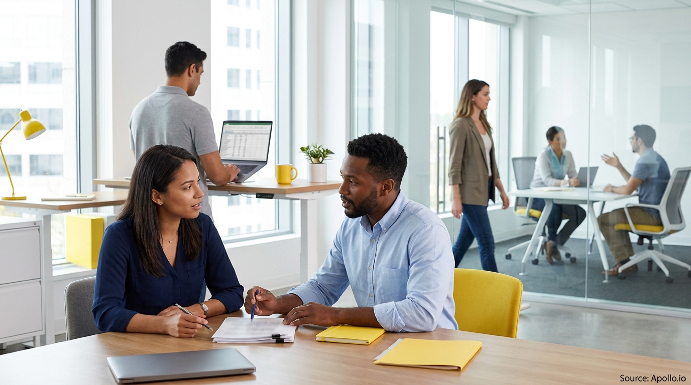 Diverse colleagues discuss strategies and work on laptops in a bright, modern office.