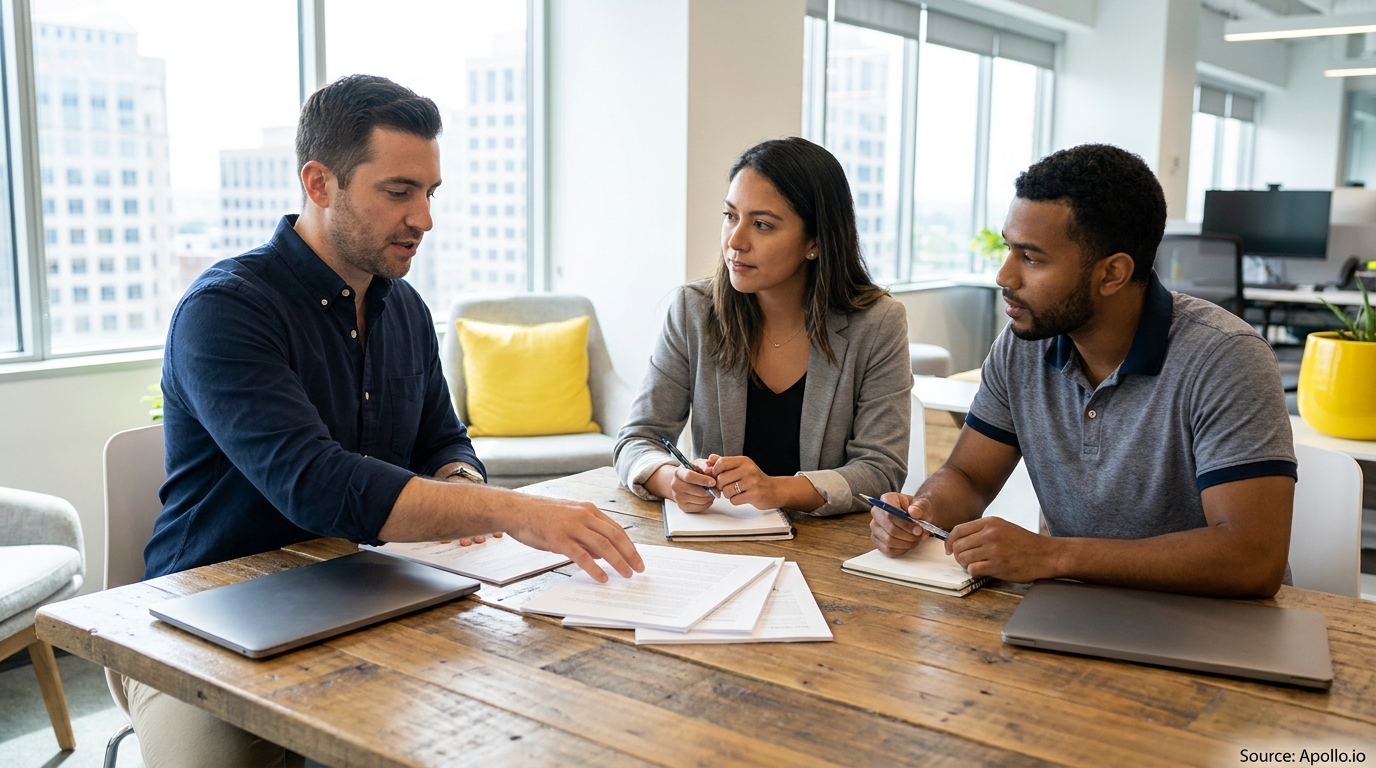 Three professionals discuss papers and laptops at a modern office table.