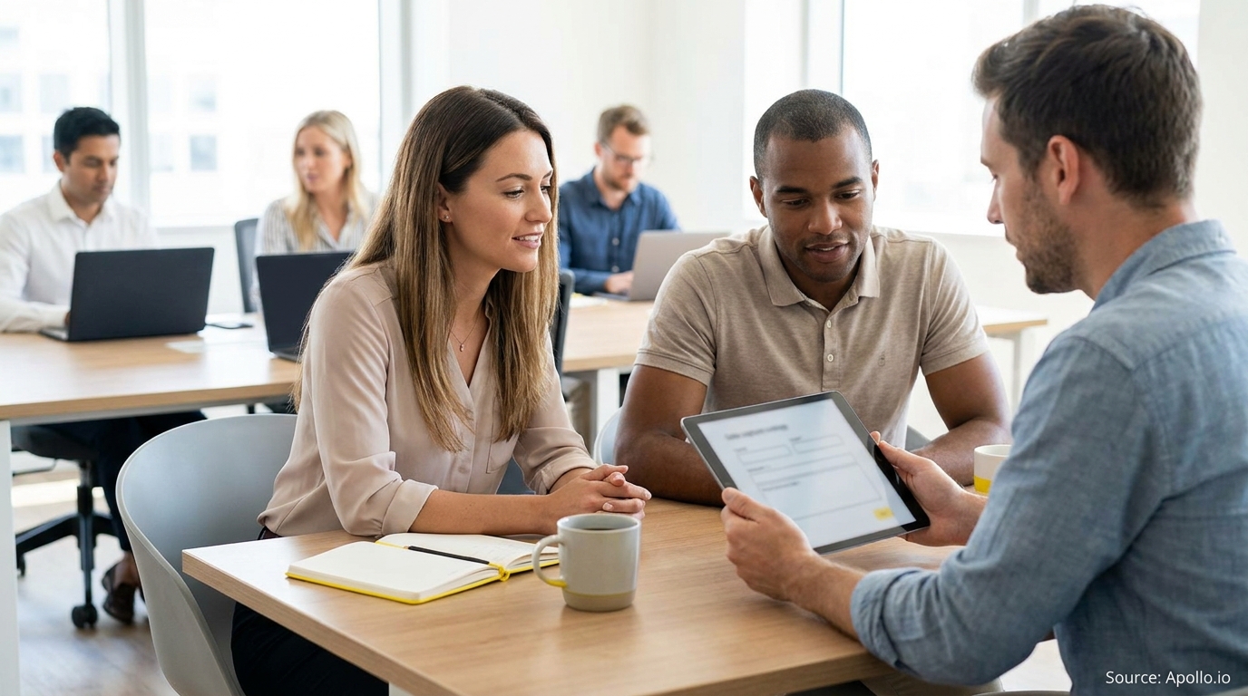 Three professionals collaborate on a tablet in a busy, modern office environment.