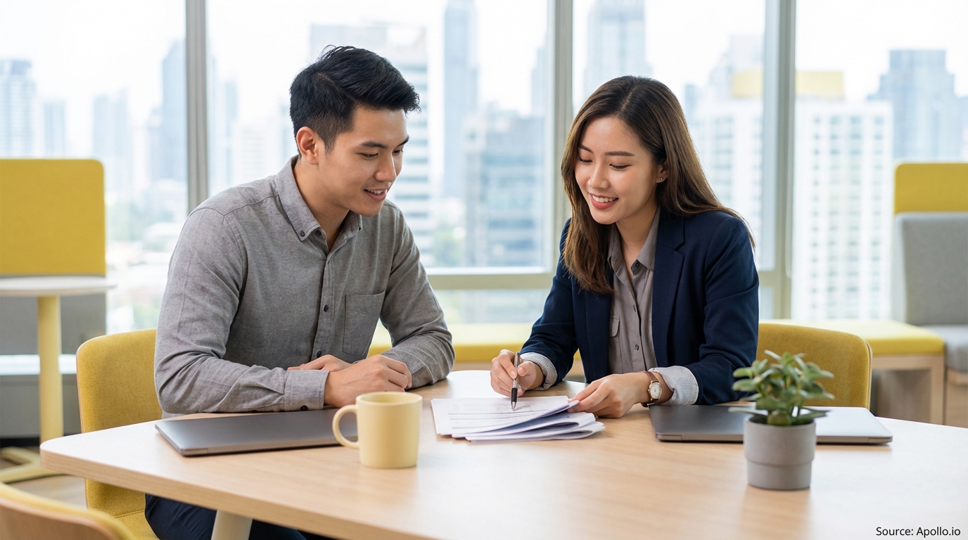 Two smiling colleagues review documents together at a bright modern office.