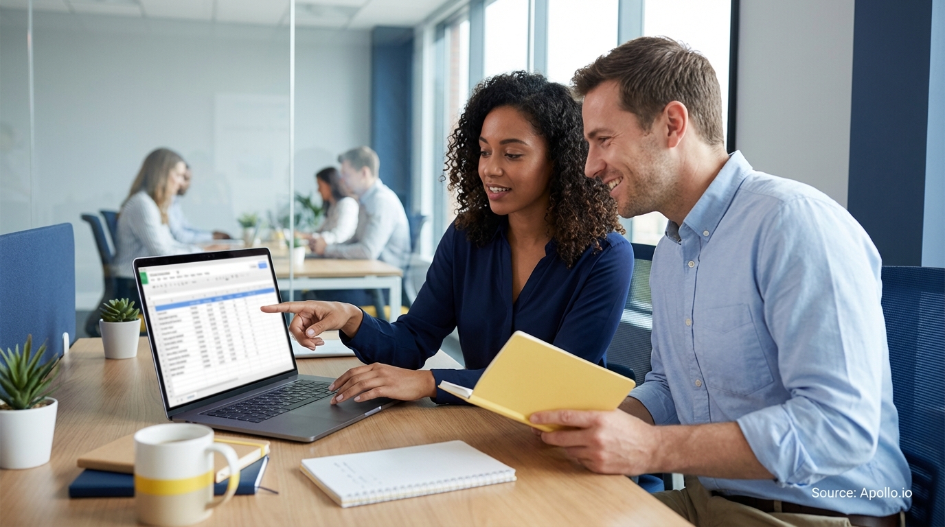 Two colleagues discuss data on a laptop in a modern office, surrounded by blurred co-workers.