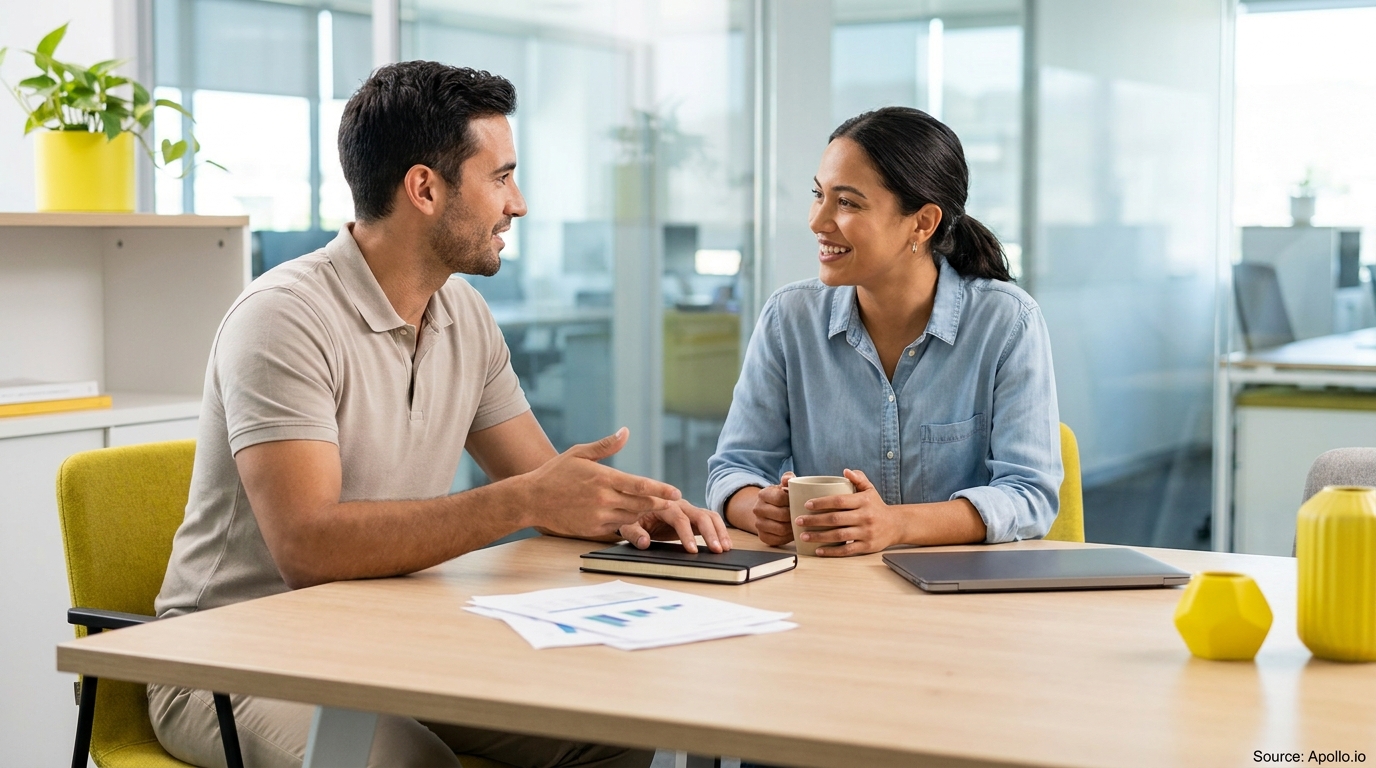 Two professionals discussing at a modern office table with documents and a laptop.