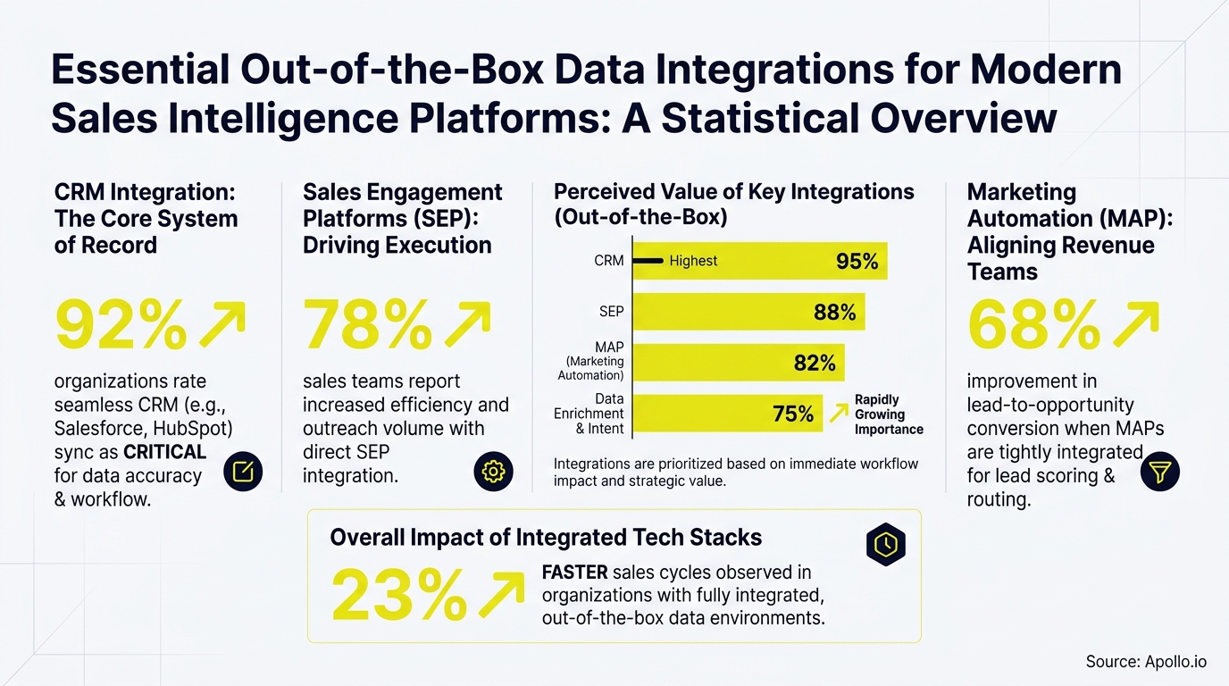 Infographic displaying statistics on essential data integrations for modern sales intelligence platforms.