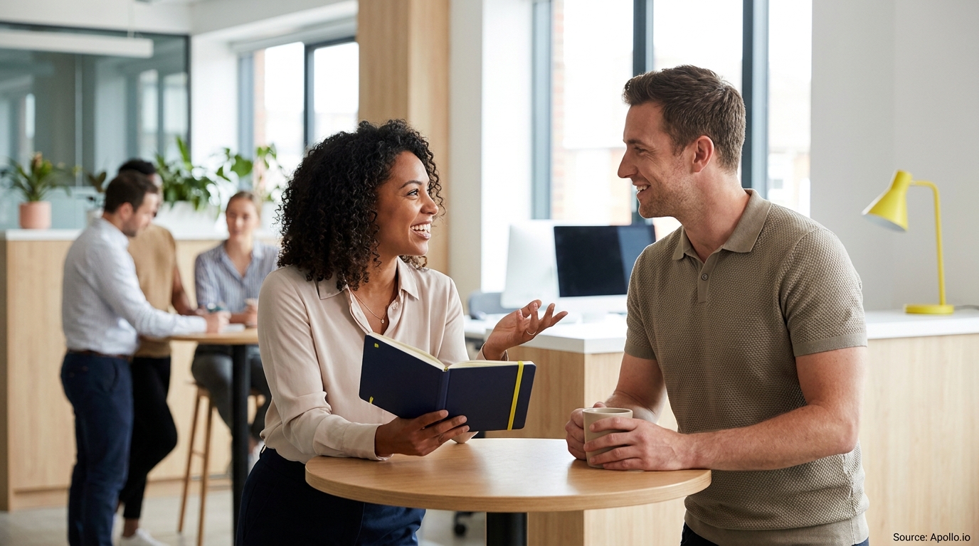 Two smiling colleagues talk at a table in a bright, modern office with other people in the background.