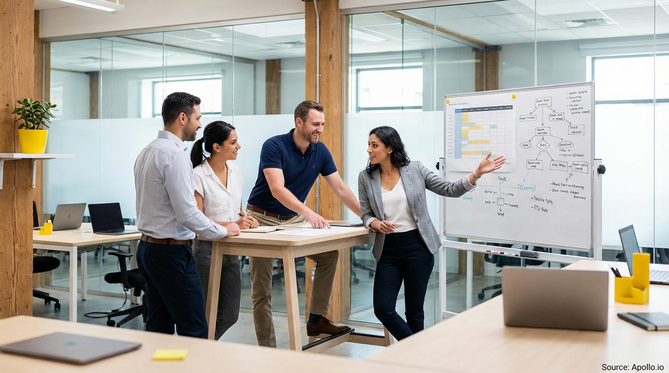 Sales team collaborating in a modern open-plan office in a team planning session