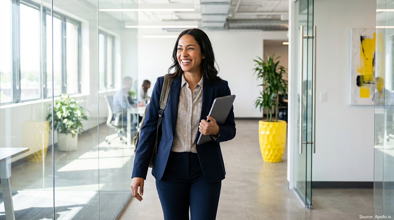 Smiling professional woman walks through a modern office hallway with a laptop.