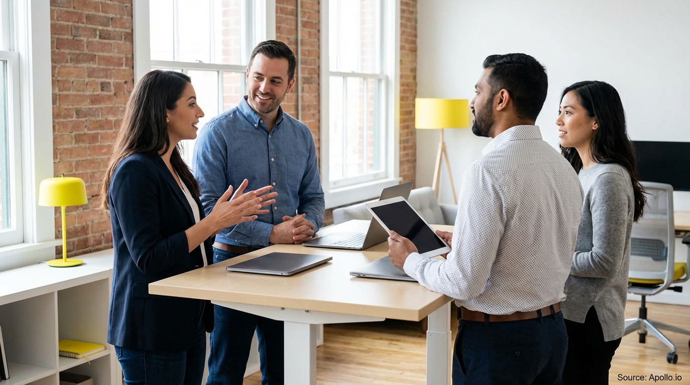 Four diverse professionals discuss work around an office table with laptops.