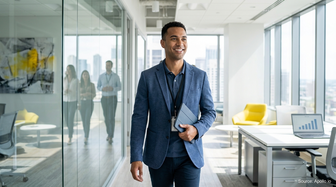 Smiling businessman walks in a modern office, while three colleagues are visible through glass.