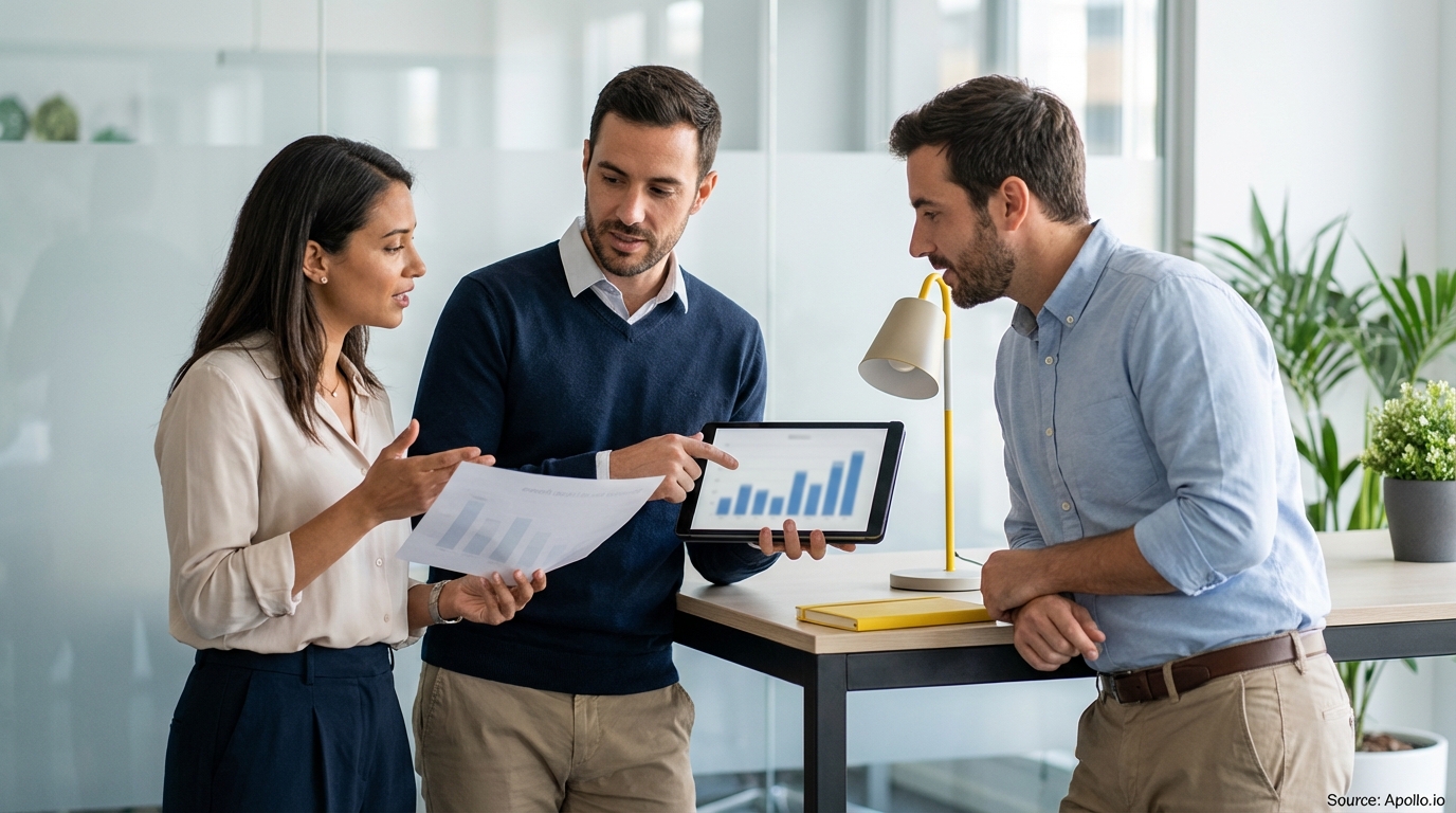 Three colleagues discuss charts on a tablet and paper in a modern office.