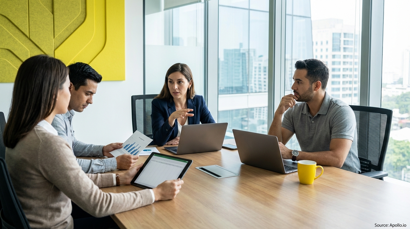 Four professionals meet at a modern office table with laptops and documents.