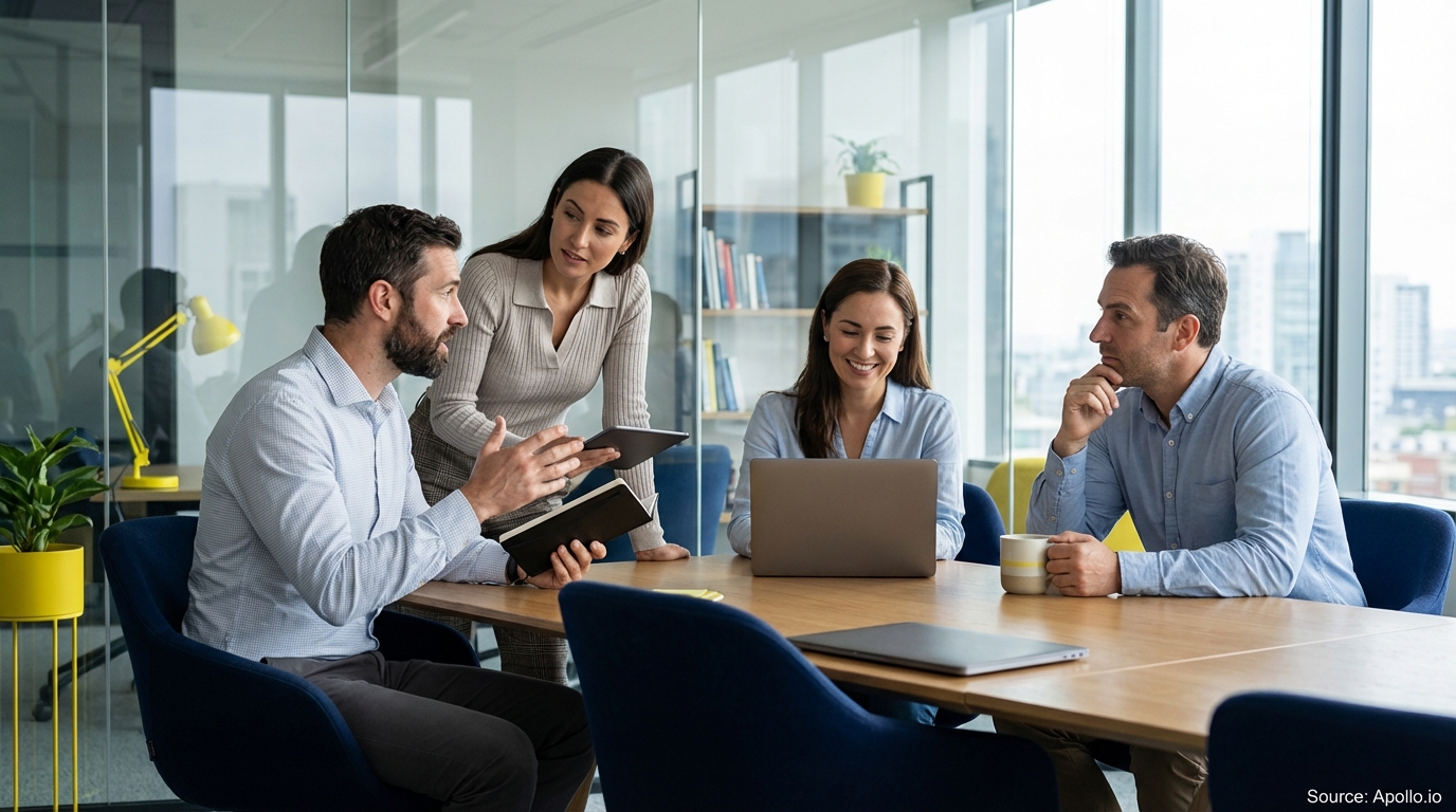 Four colleagues collaborate at a bright conference table in a modern office.