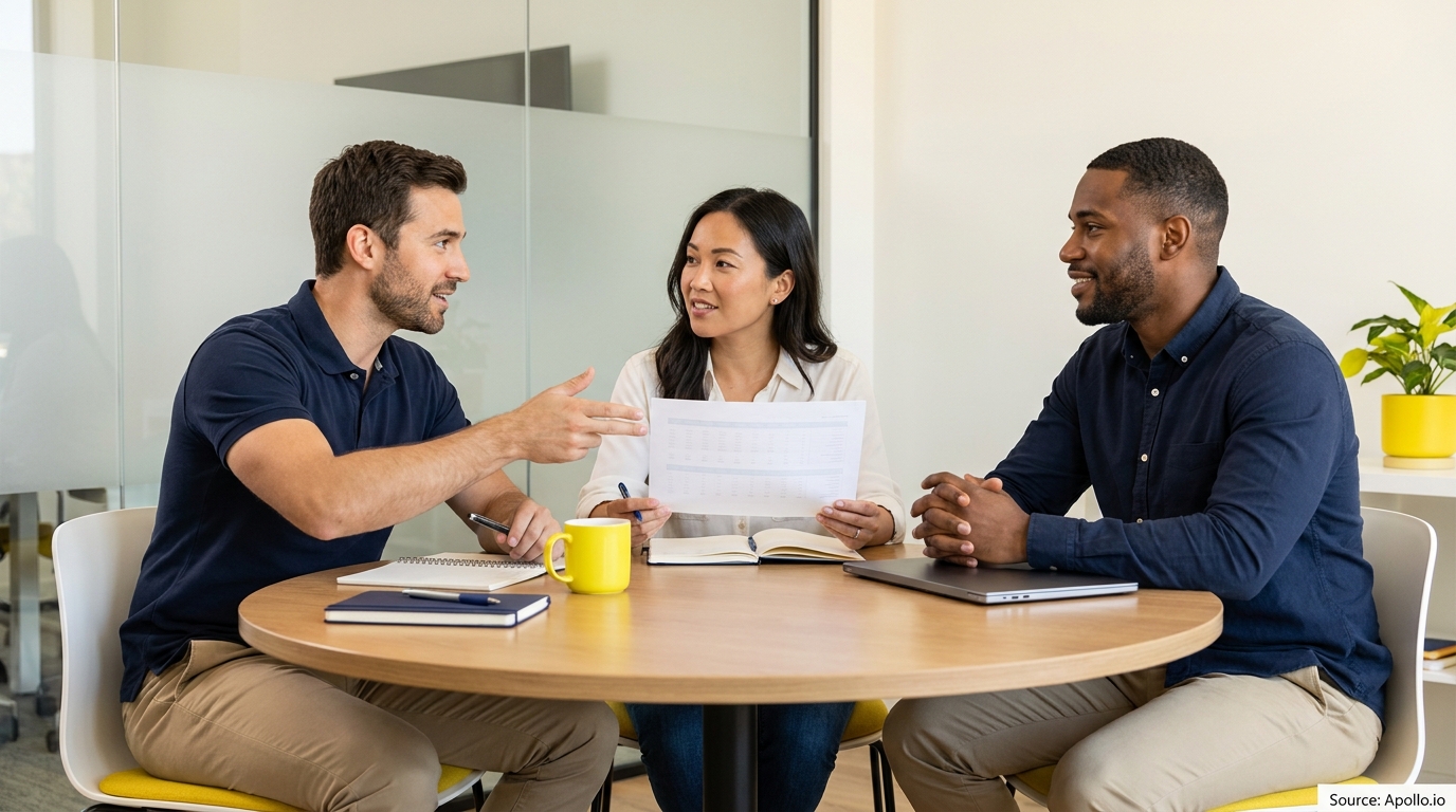 Three professionals discuss papers and notes at a modern office table.