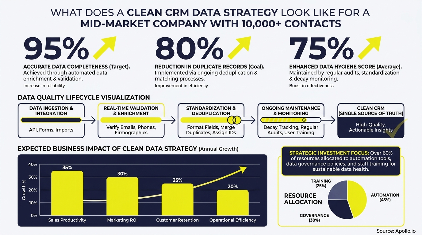 Infographic illustrating CRM data strategy goals, process, business impact, and resource allocation.