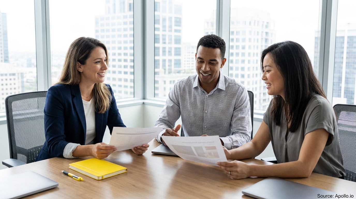 Three diverse professionals are discussing documents at a modern office table with a city view.