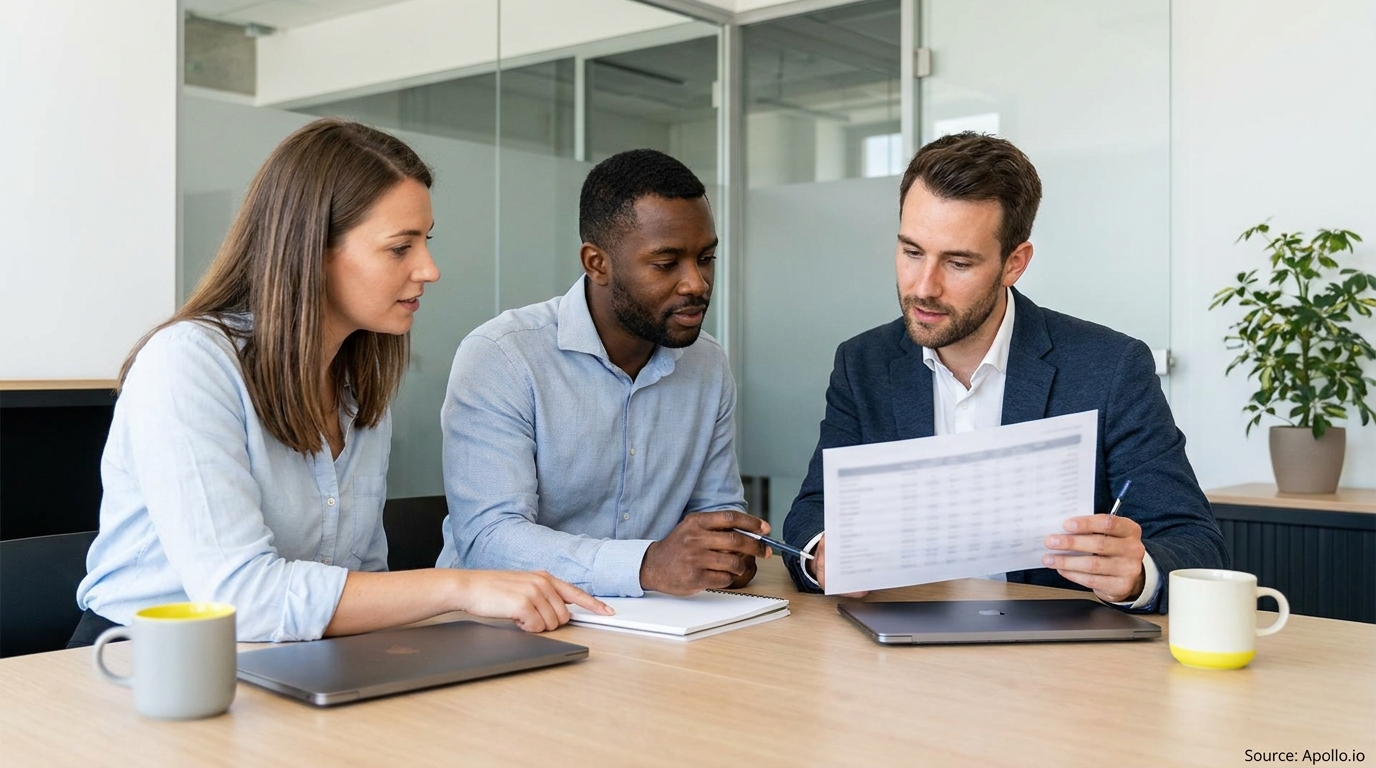 Three professionals evaluate documents and data during an office meeting.