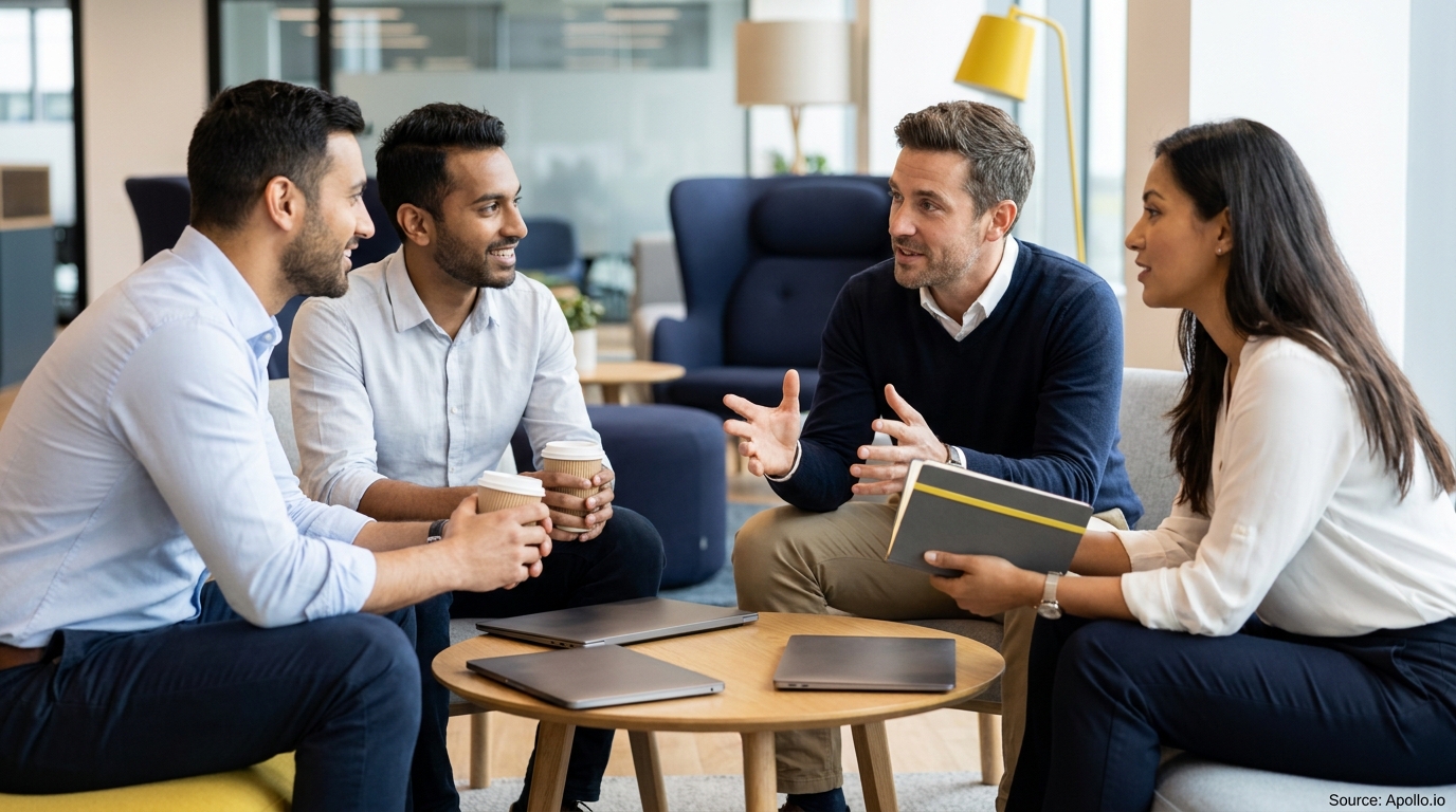 Four colleagues discuss with coffee and laptops at a modern office lounge table.