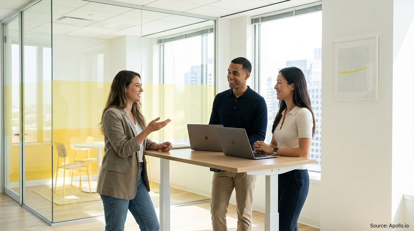 Three smiling professionals stand at a modern office table with laptops, discussing in a bright room with glass walls.