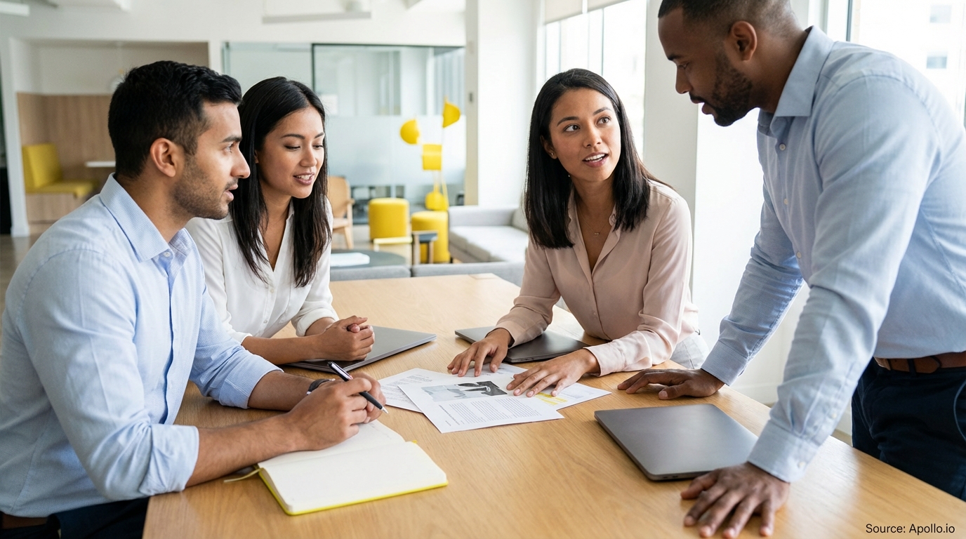 Four colleagues discuss papers and laptops at a bright, modern office table.