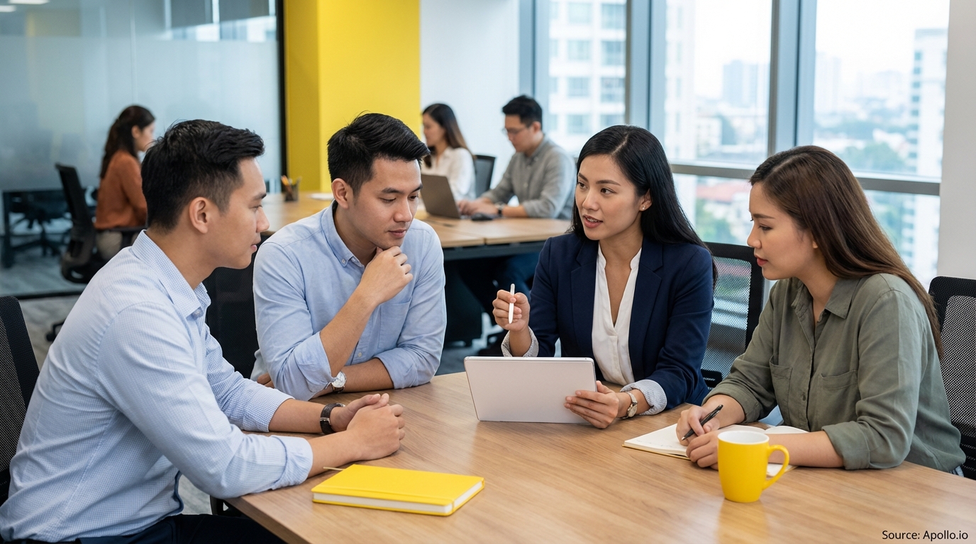 Four professionals collaborate at a modern office table, discussing content on a tablet.