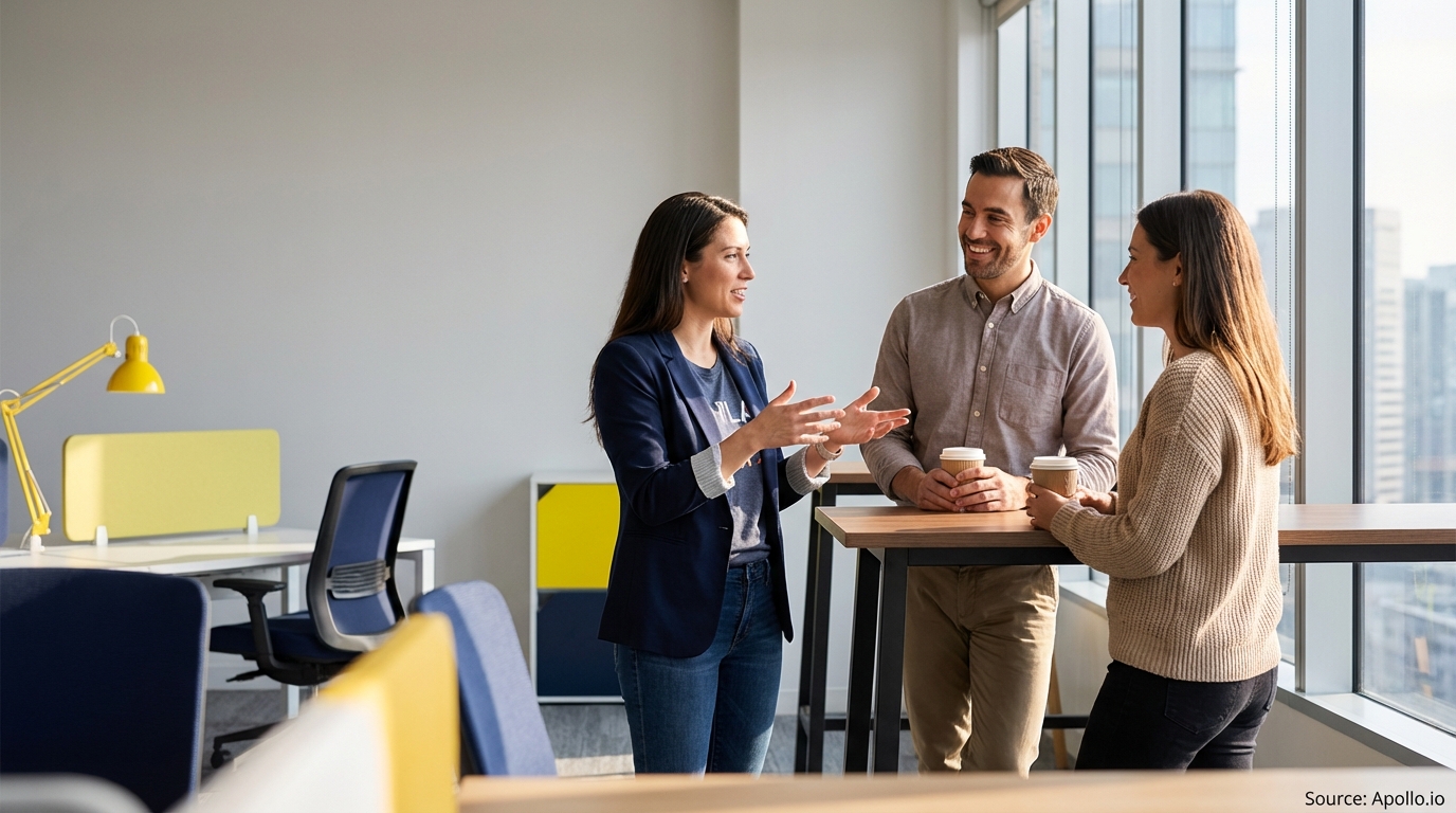 Three colleagues discuss work over coffee in a sunny, contemporary office.
