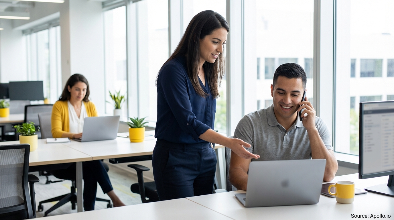 Three colleagues work and collaborate at desks in a modern, brightly lit office.