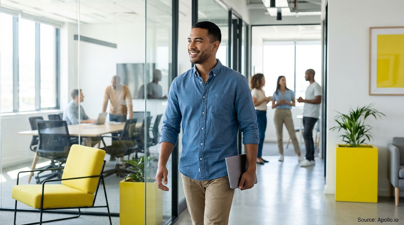 Smiling man walks through a modern office; blurred colleagues work in a meeting room and chat.
