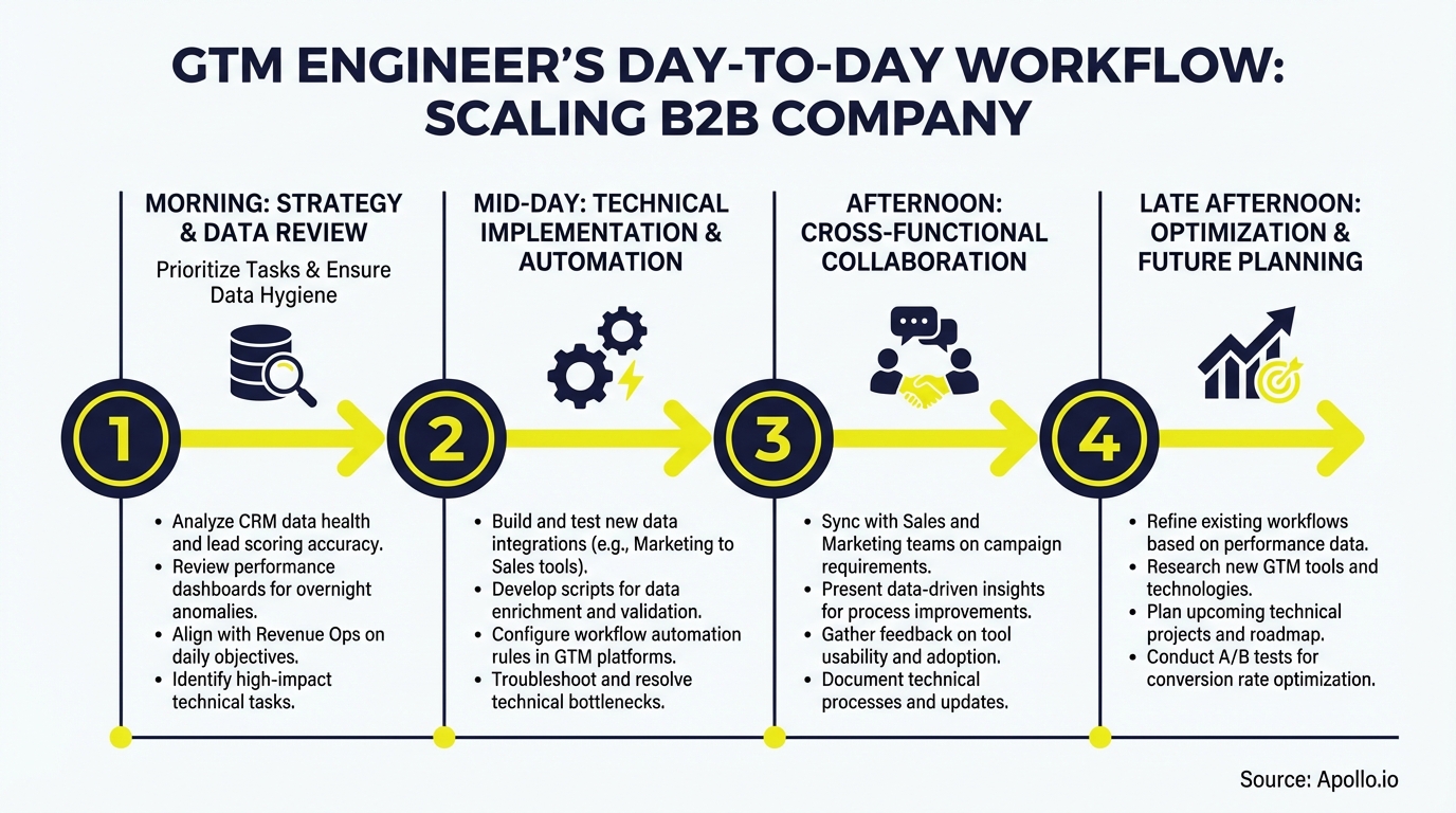 Infographic detailing a GTM engineer's four-stage daily workflow: strategy, implementation, collaboration, and optimization.
