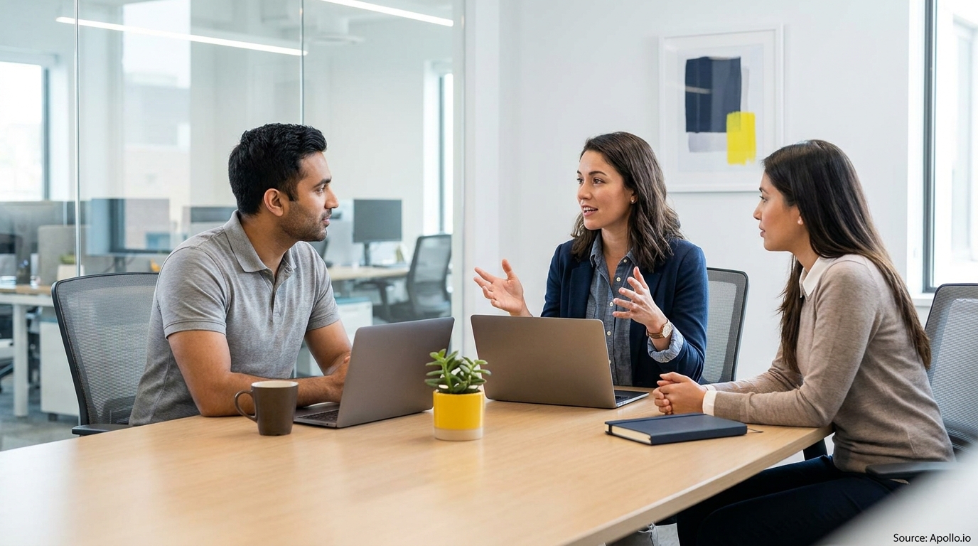 One woman speaks to two colleagues at a modern office table with laptops.