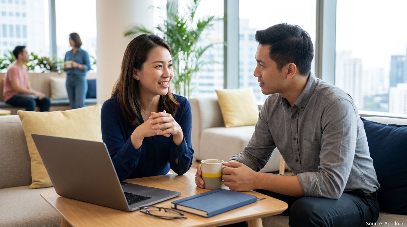 Colleagues converse at a table with a laptop in a bright, casual office lounge area.