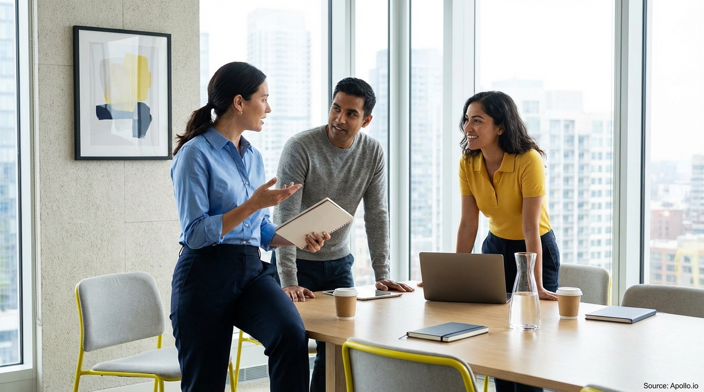 Three colleagues discuss strategy at a modern conference table overlooking a city.