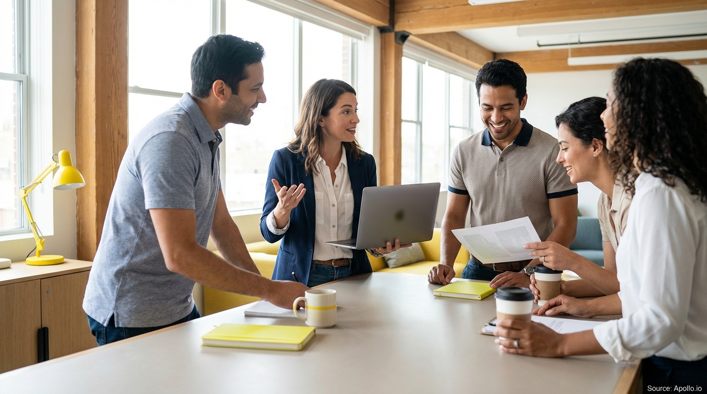 Five professionals discuss and review documents and a laptop at a bright office table.