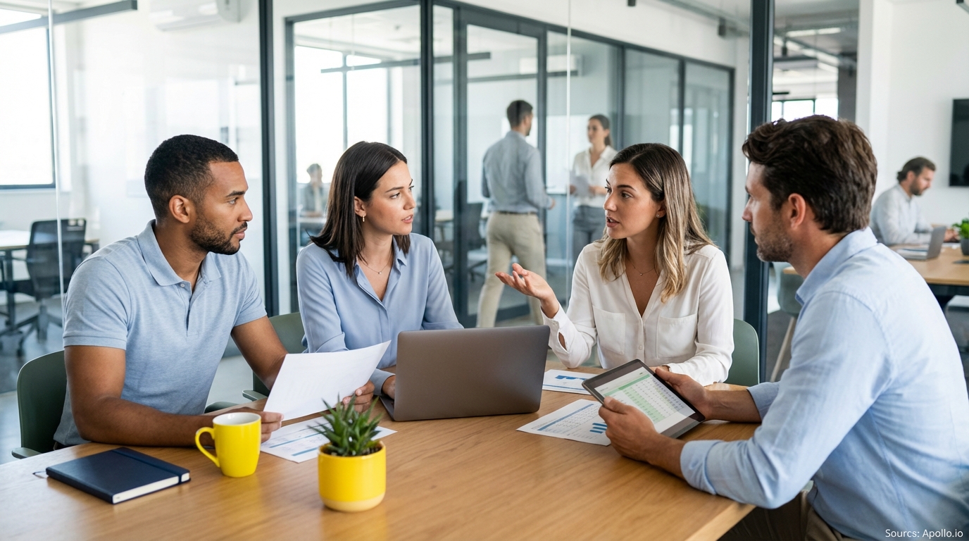 Four diverse professionals discuss work around a table in a modern office.