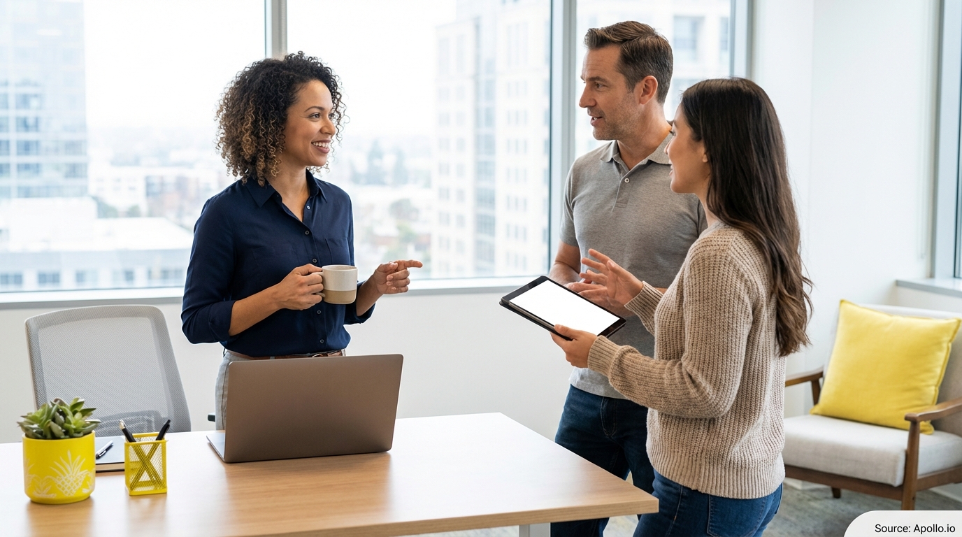 Three colleagues discuss in a bright office, one points while another shows a tablet.