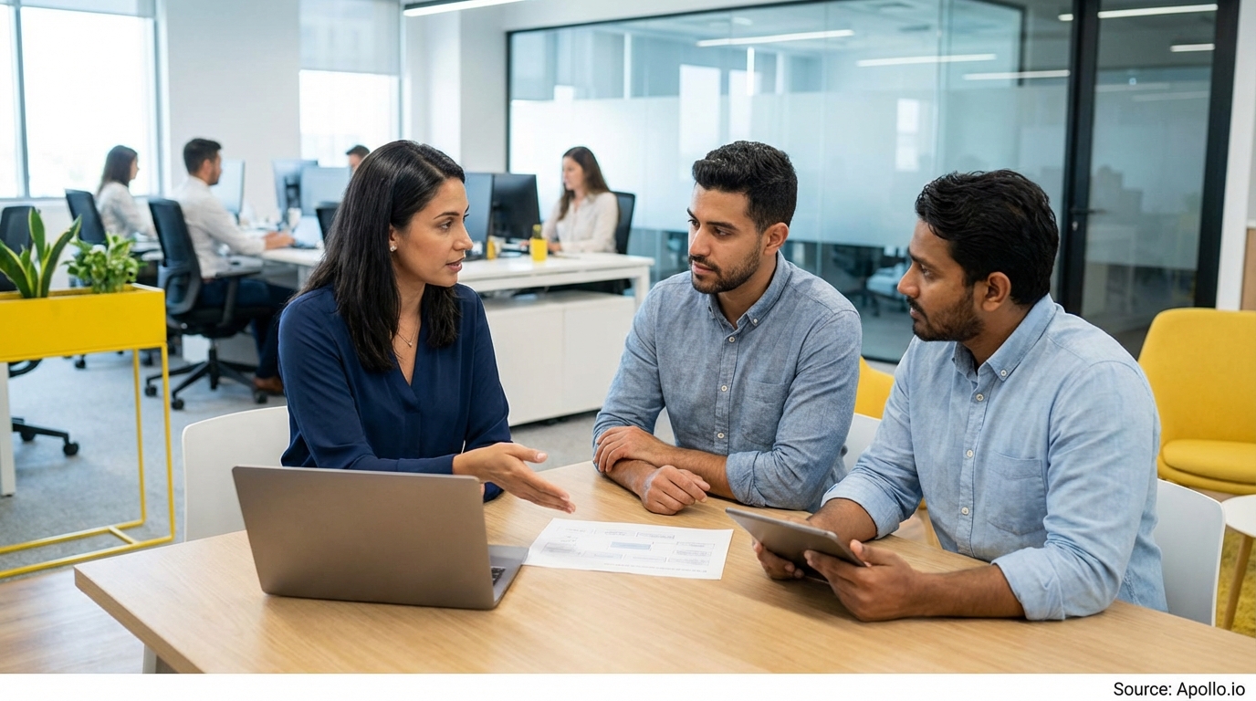 Three colleagues discuss strategy at a wooden table in a bright office.