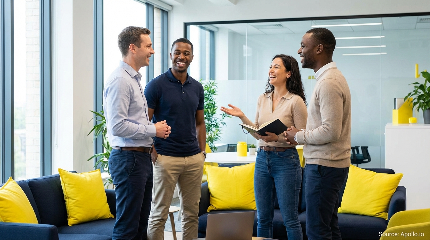 Four diverse colleagues engaging in conversation in a modern office lounge.