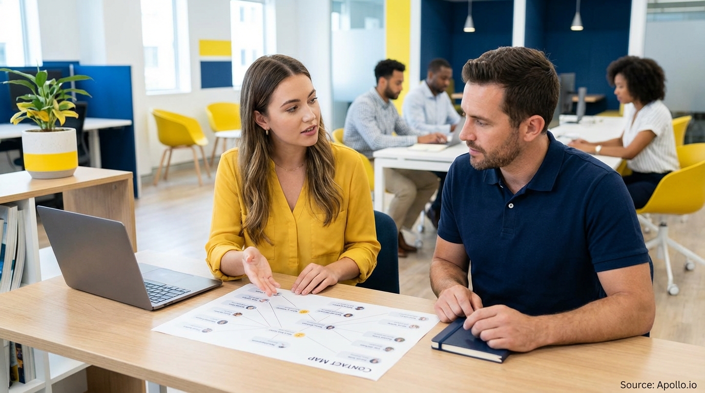 Two sales professionals discuss a contact map in a modern office setting.
