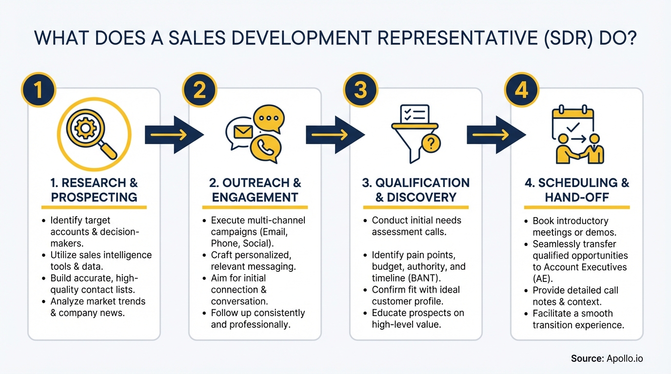 A four-step process diagram with icons and text describes a Sales Development Representative's role.