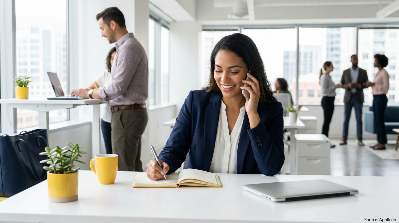 A woman makes a call and writes notes, while colleagues work in a modern office.