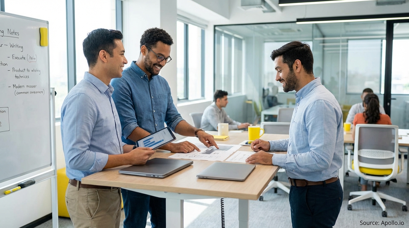 Sales team collaborating in a modern open-plan office in a sales team meeting