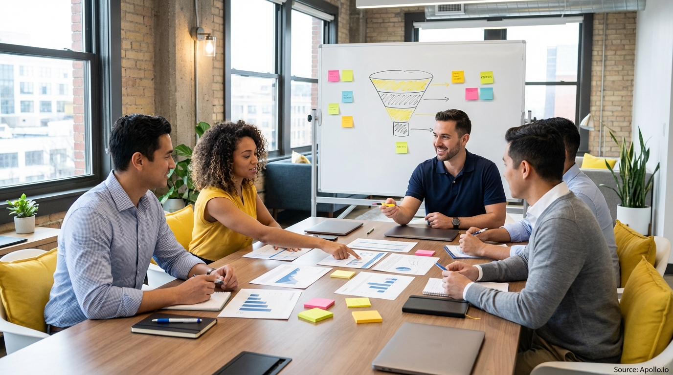 Sales professionals discussing strategy around a conference table in a sales team meeting